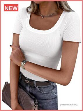 Short Sleeve Scoop Neck Ribbed Knit Slim Fit Basic Tee Shirt